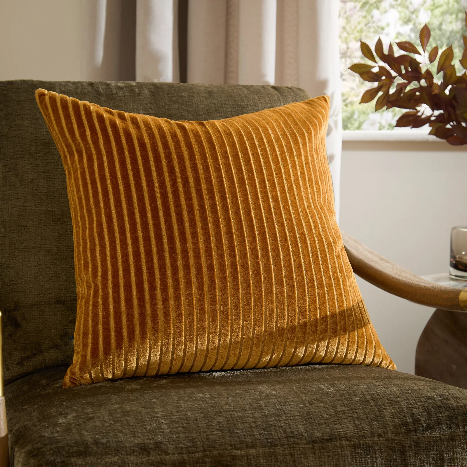 Paoletti Savoy Stripe Velvet Cushion in Gold 1