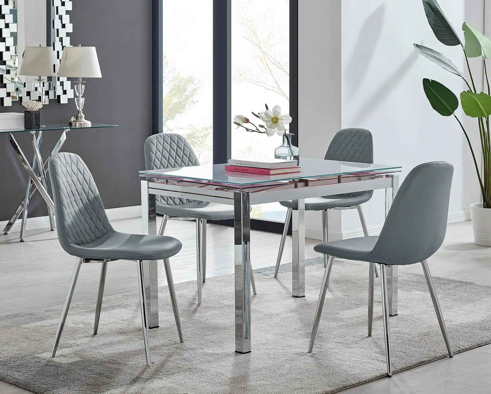 FurnitureboxUK Enna White Glass Extending 4-6 Seater Dining Table & 4 Corona Faux Leather Chairs in Grey 1