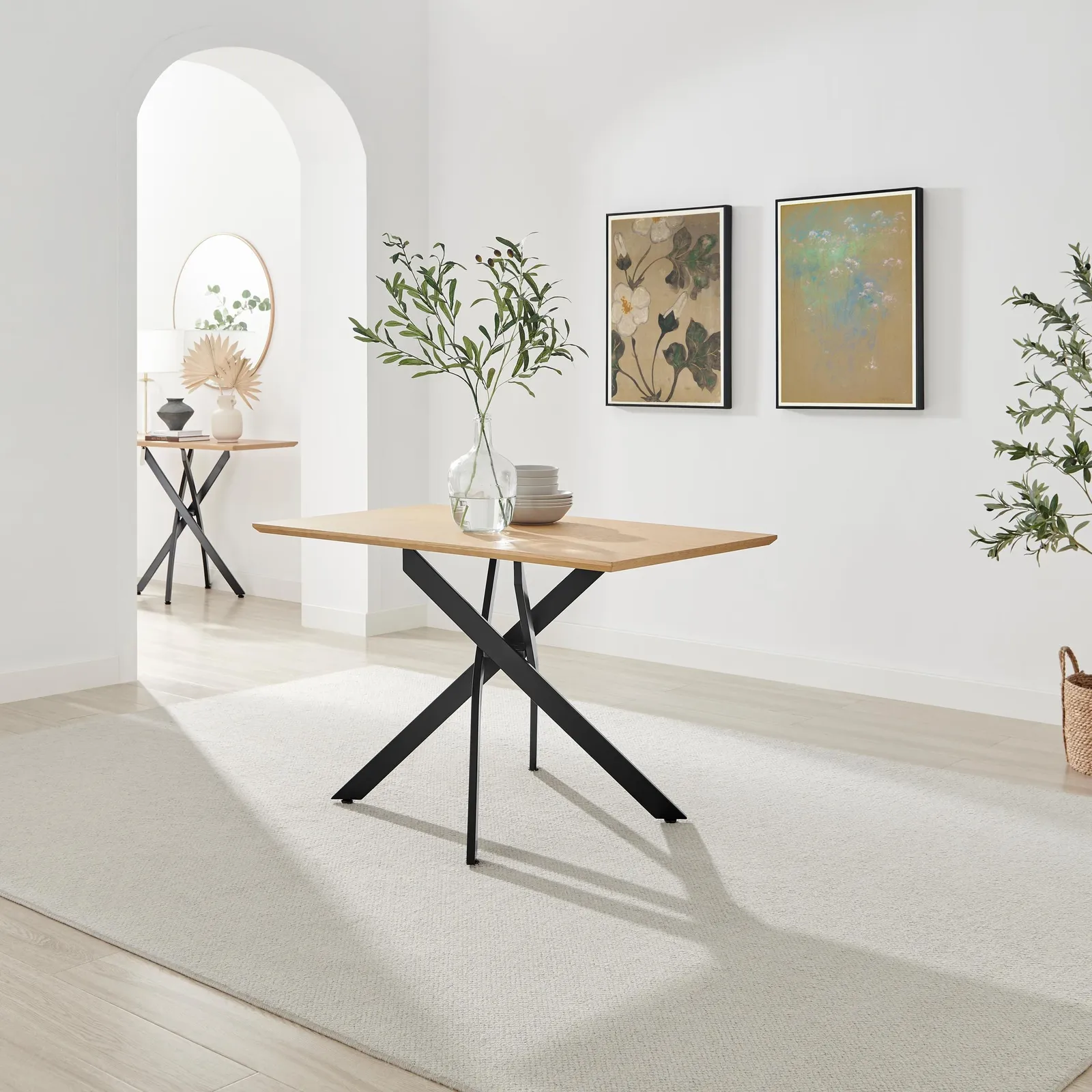 FurnitureboxUK Leonardo Rectangular Oak Veneer & Black Metal 4 Seater Dining Table in Light Brown