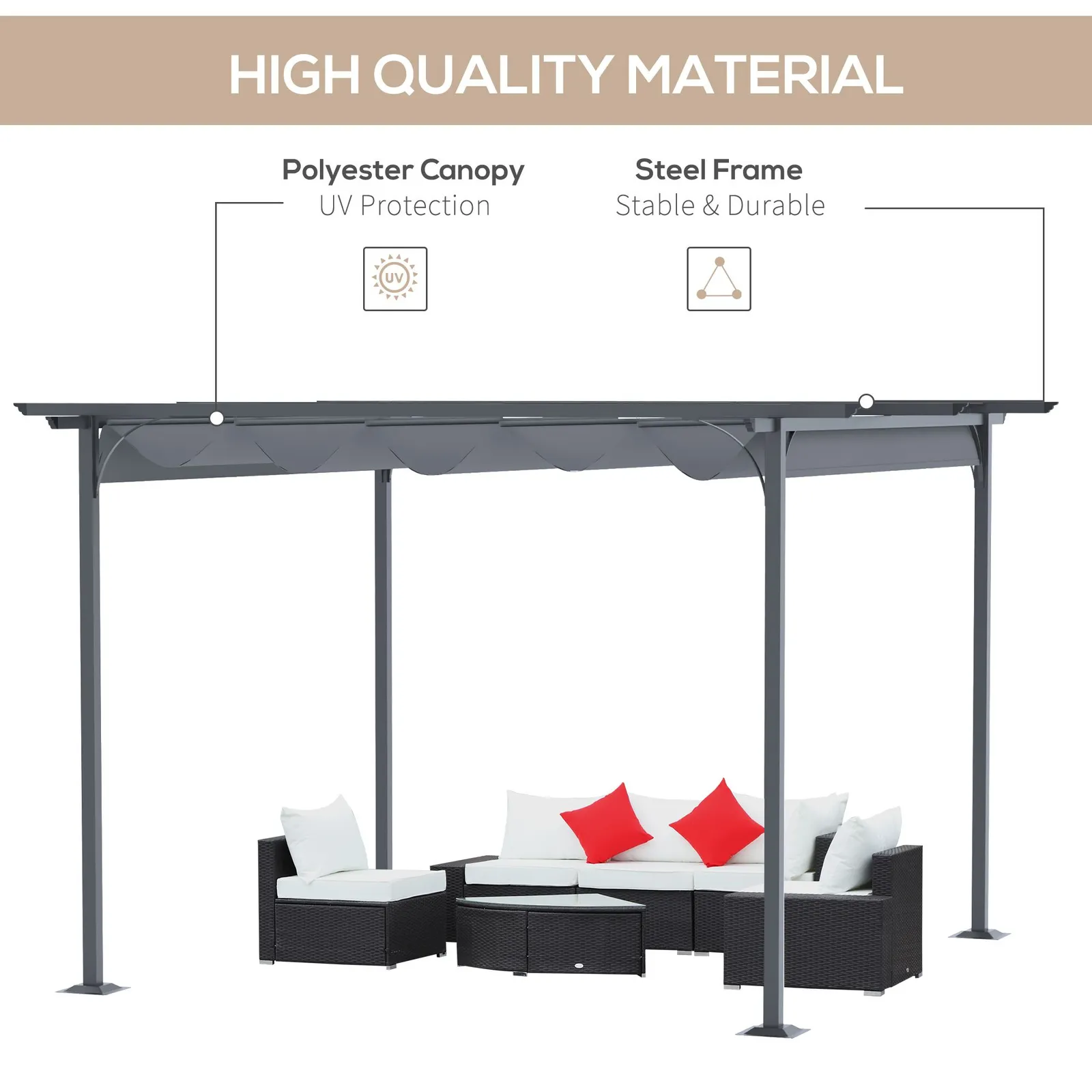 OUTSUNNY 3.5 x 3.5M Steel Pergola Gazebo Backyard Porch Awning Retractable Canopy in Grey 4