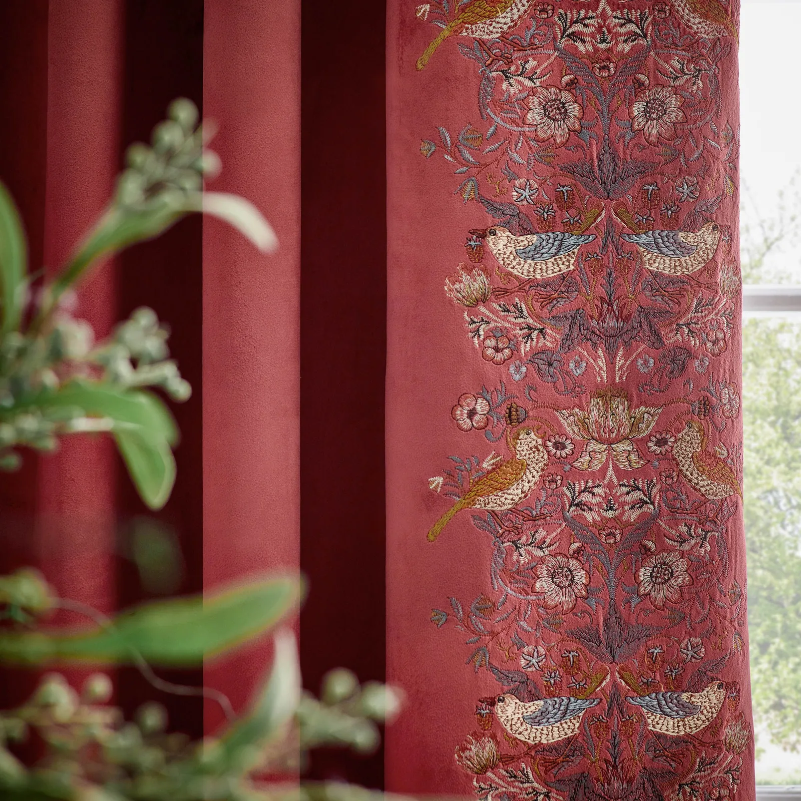 Morris & Co Strawberry Thief Embroidered Velvet Room Darkening Pencil Pleat Curtain Pair in Red 4