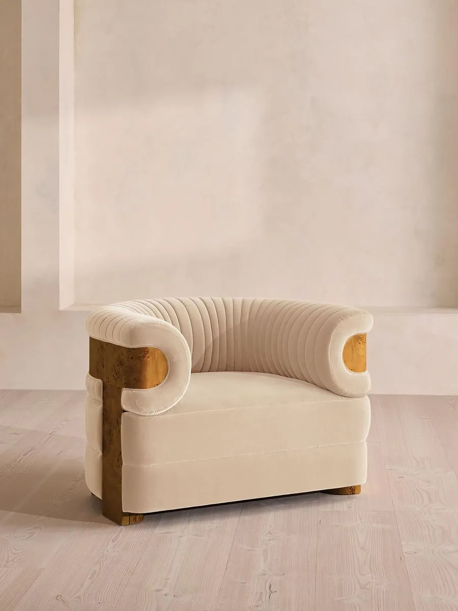 Caleb Armchair, Dark Burl, Velvet, Porcelain