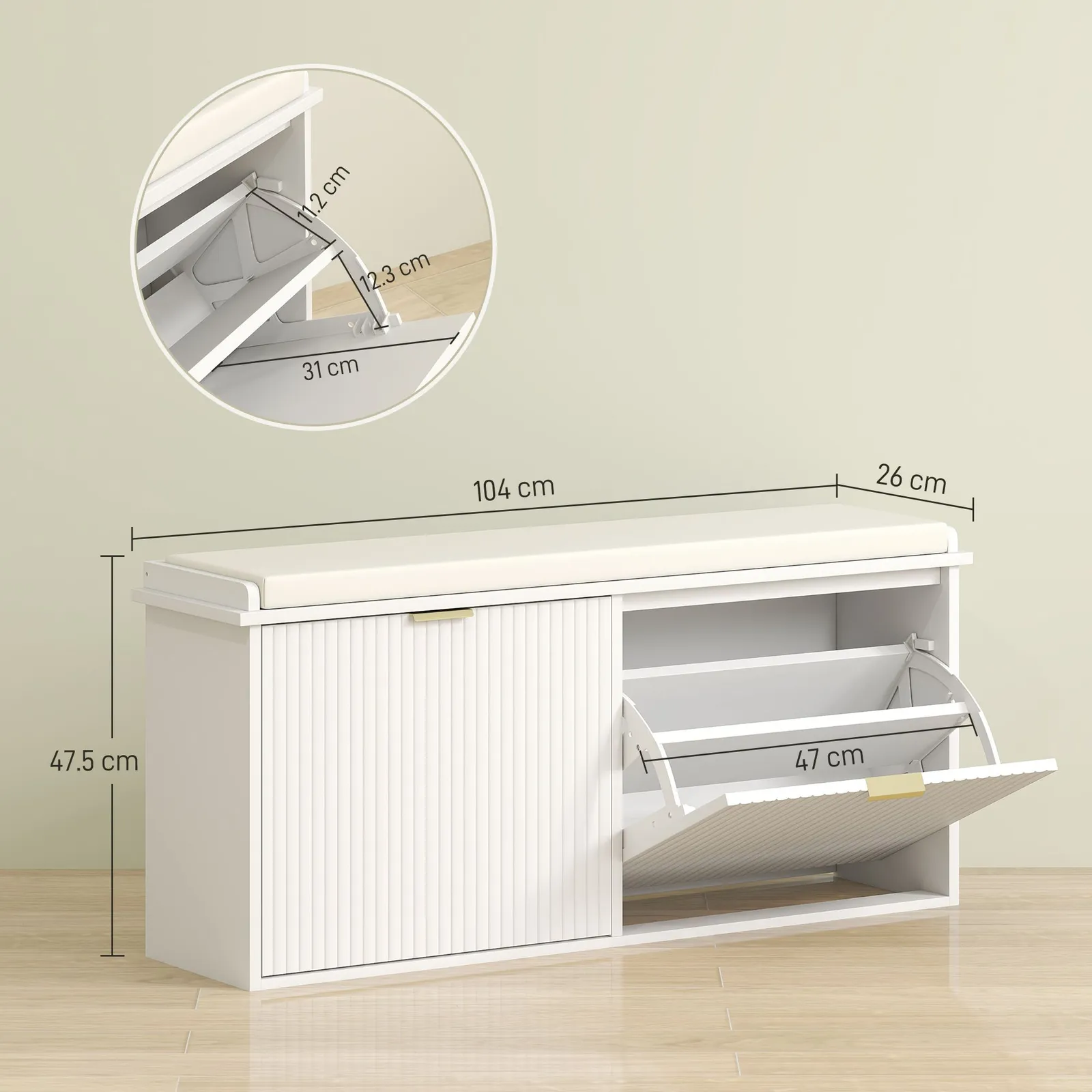 HOMCOM Shoe Storage Bench with Cushion & Flip-Drawer 104x26x47.5cm in White 3