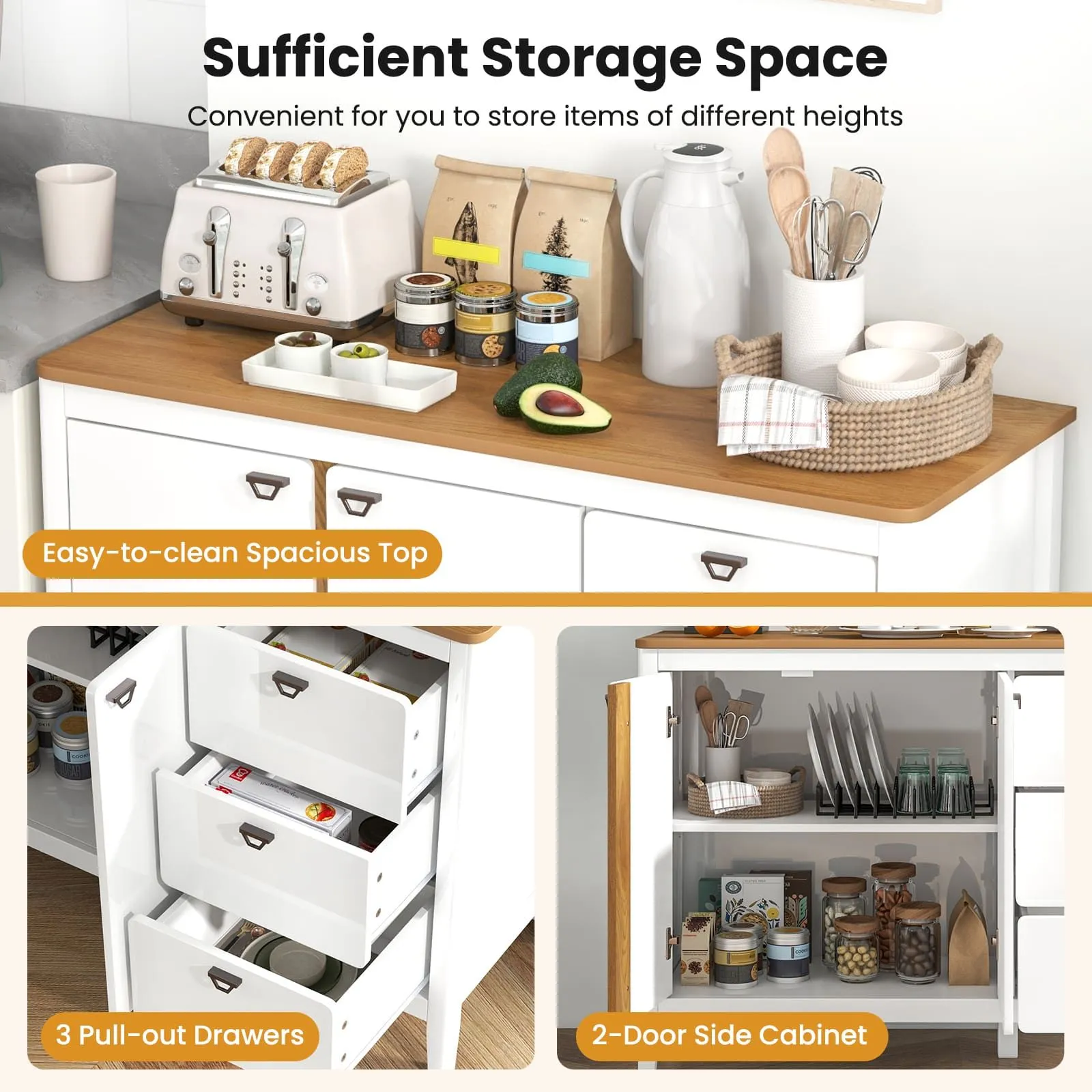 Costway Buffet Cabinet Wooden Kitchen Cupboard w/2 Door & 3 Pull-out Drawers in White 4