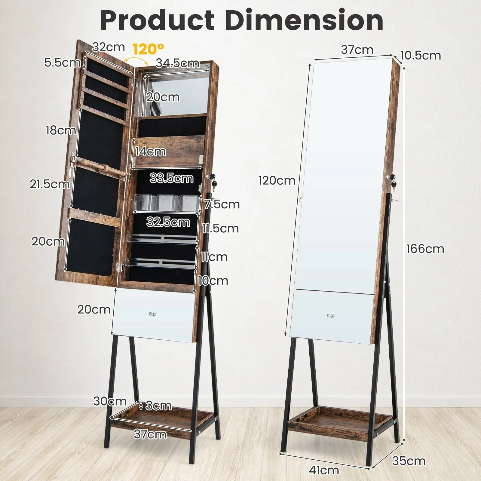 Costway Jewelry Cabinet Armoire w/ Full-Length Frameless Mirror & Built-in Makeup Mirror in Brown 2