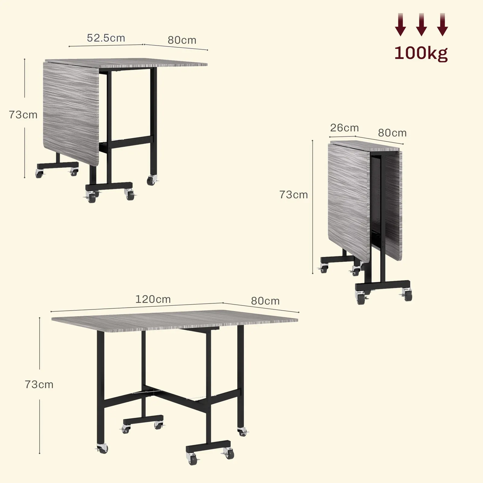 HOMCOM Mobile Drop Leaf Table, Folding Kitchen Table with 6 Wheels in Grey 3