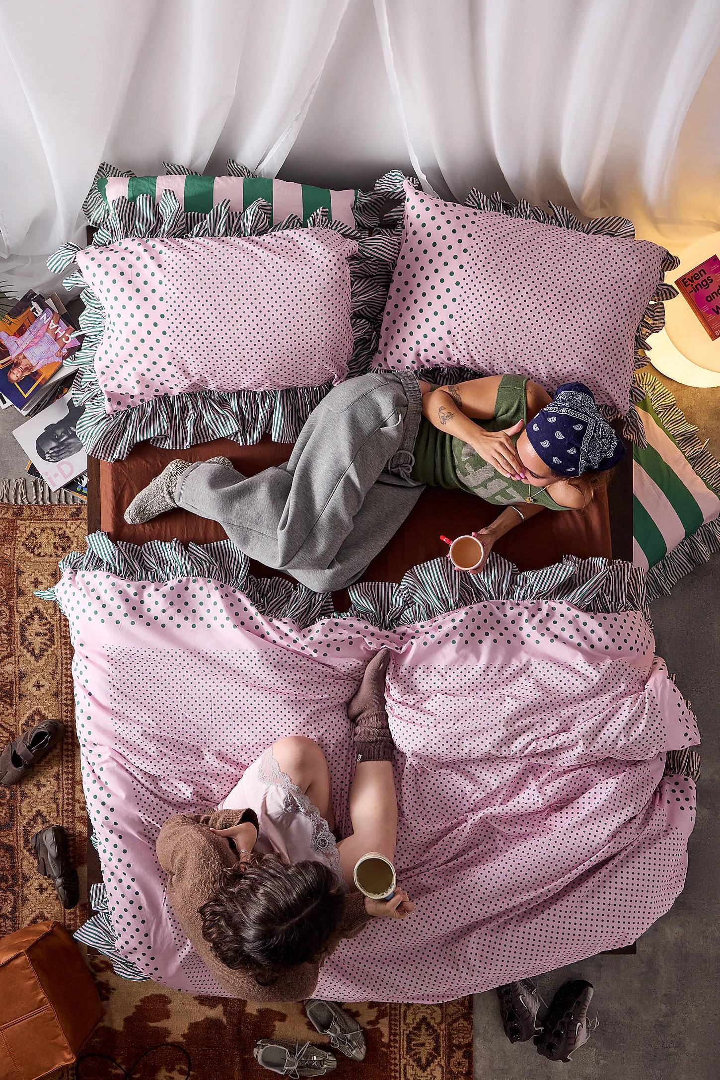 Polka Dot Stripe Ruffle Duvet Set - Pink