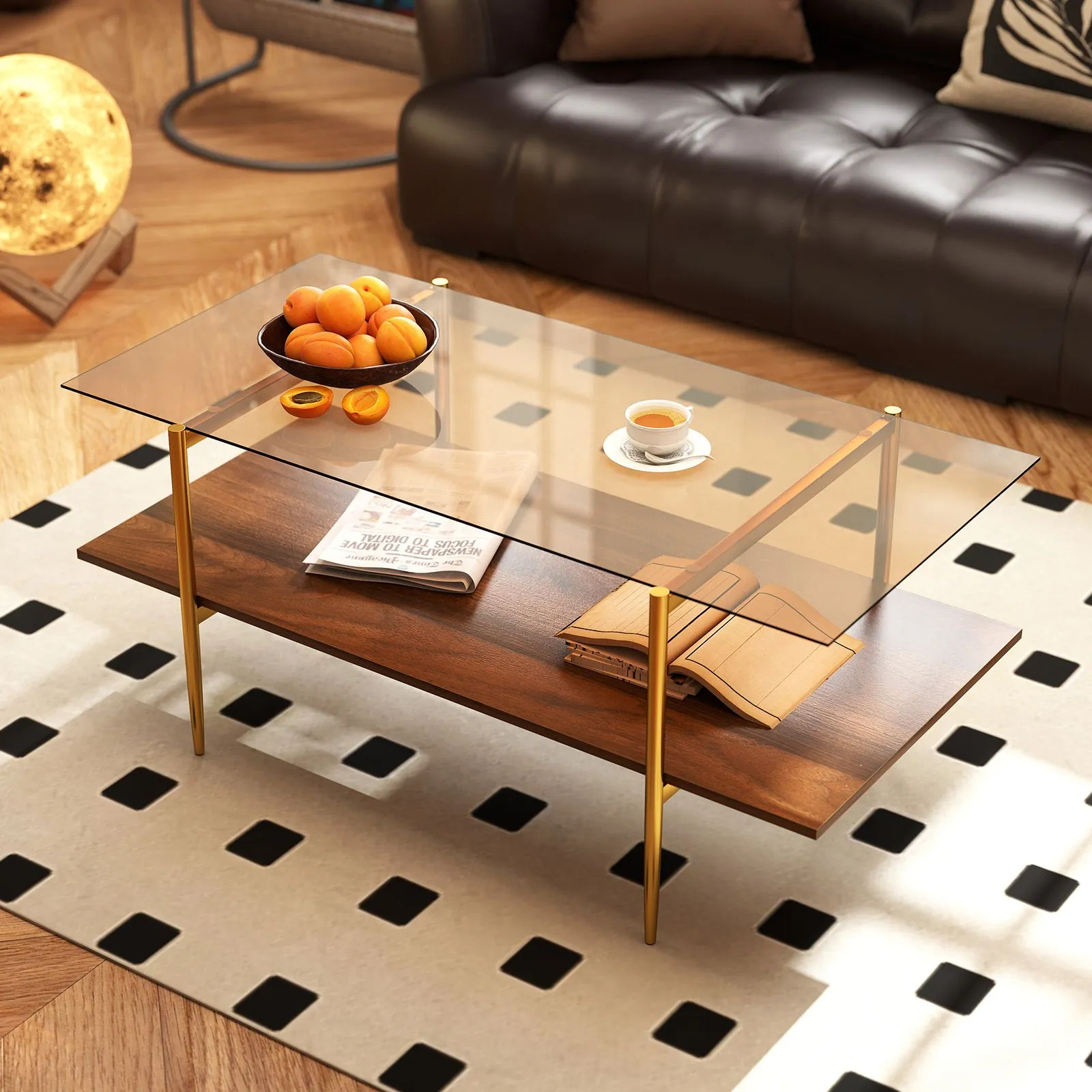 Costway 2-Tier Glass Coffee Table Rectangle Center Table w/Storage Shelf in Brown 3