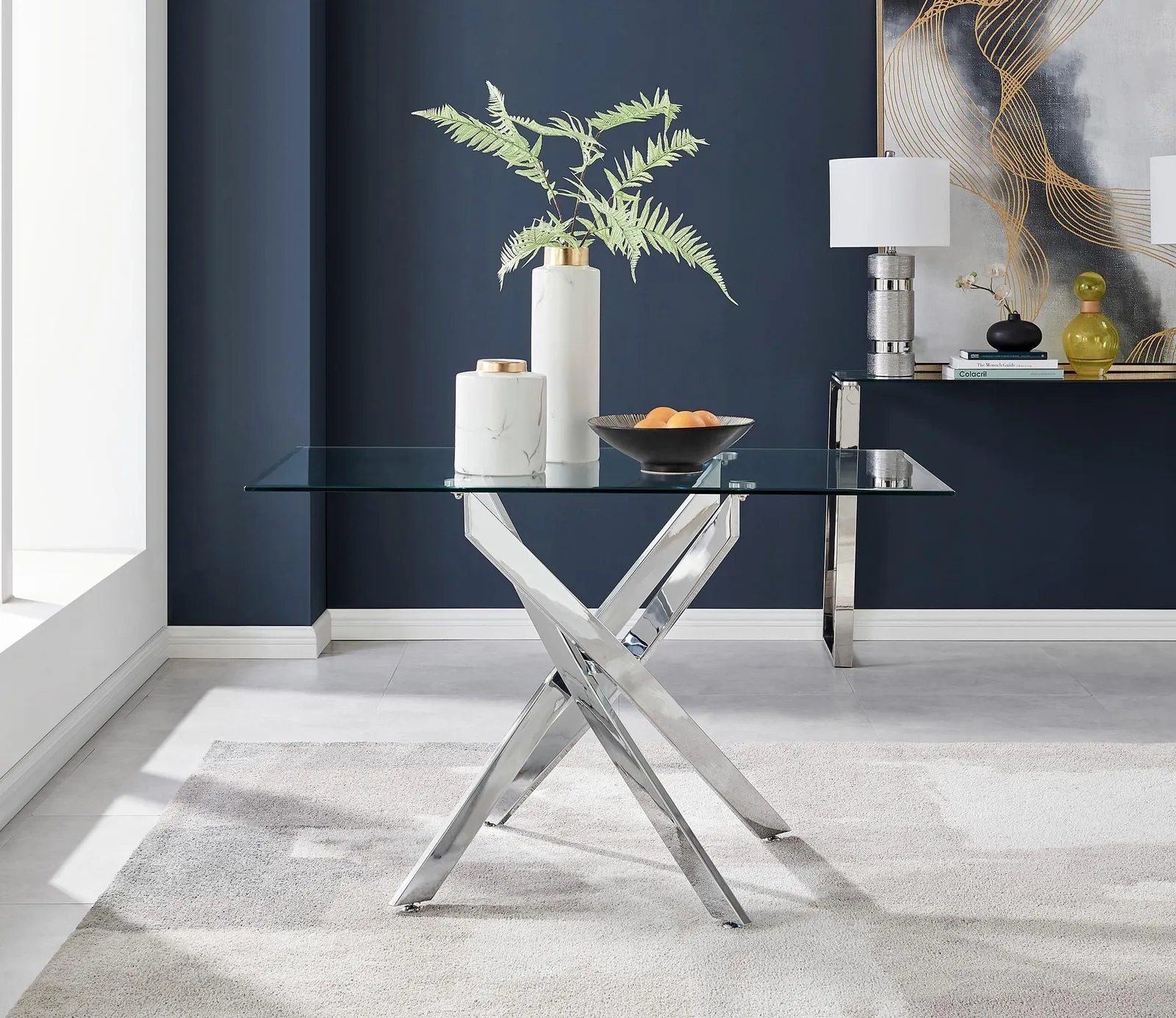 FurnitureboxUK Leonardo Glass & Chrome Metal Dining Table & 4 Milan Chairs Set in Beige 2