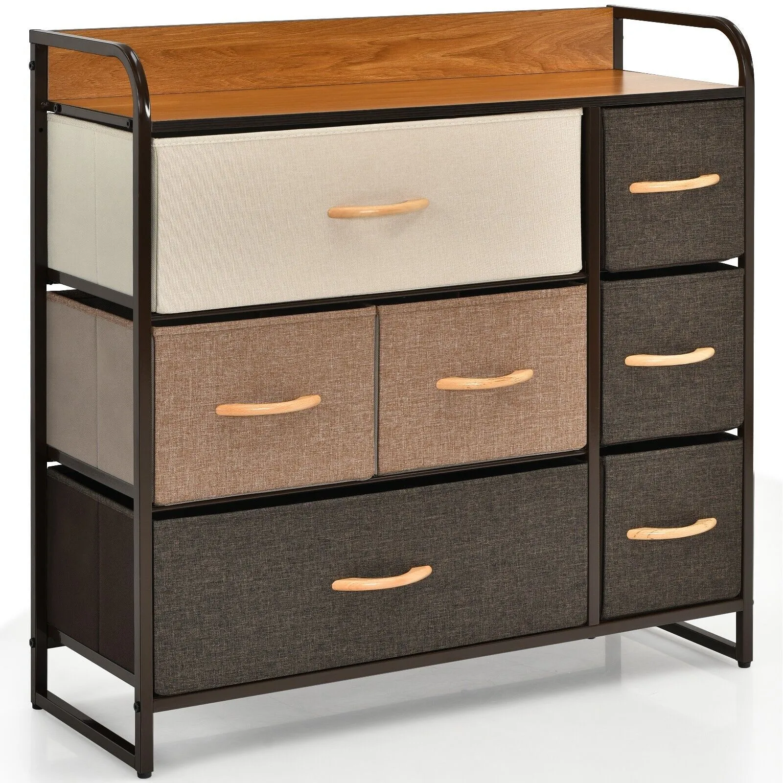 Costway 7-Drawer Dresser Tower 3-Tier Chest of Drawers Clothes Drawer Cabinet w/ Foldable Fabric Drawers & Wooden Top