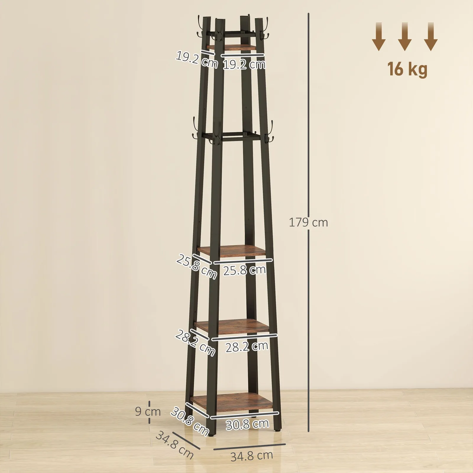 HOMCOM Industrial Coat Stand with 4 Storage Shelves & 8 Hooks in Brown 3