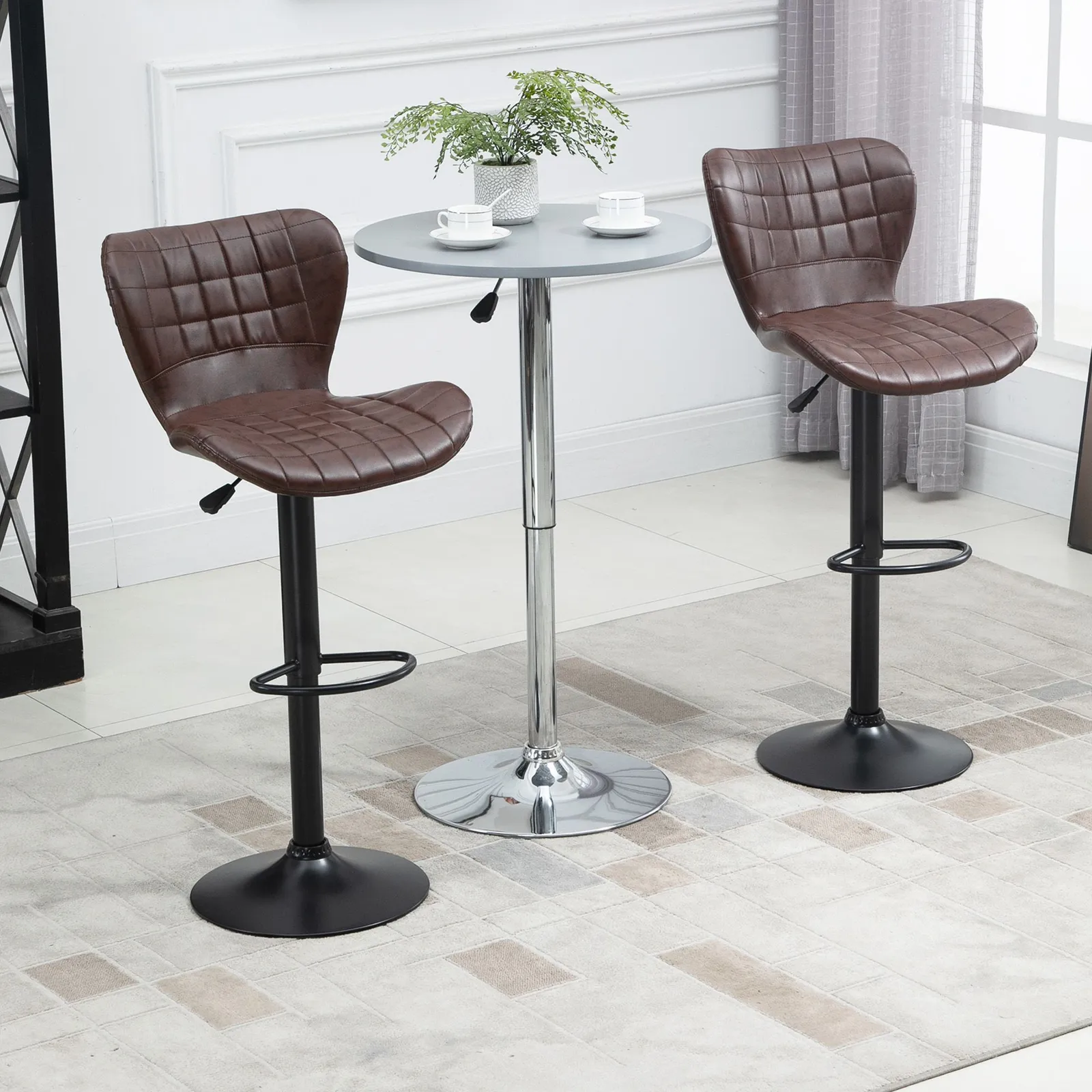 HOMCOM Stools Set of 2 PU Leather Adjustable Height Swivel Bar Chairs w/ Footrest in Brown