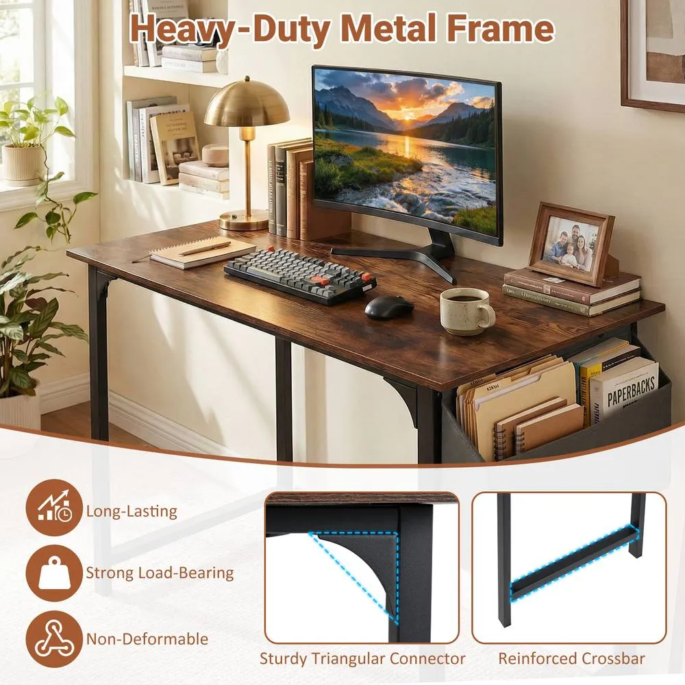 Costway 100CM Computer Desk Industrial Study Writing Desk with Storage Bag in Brown 5