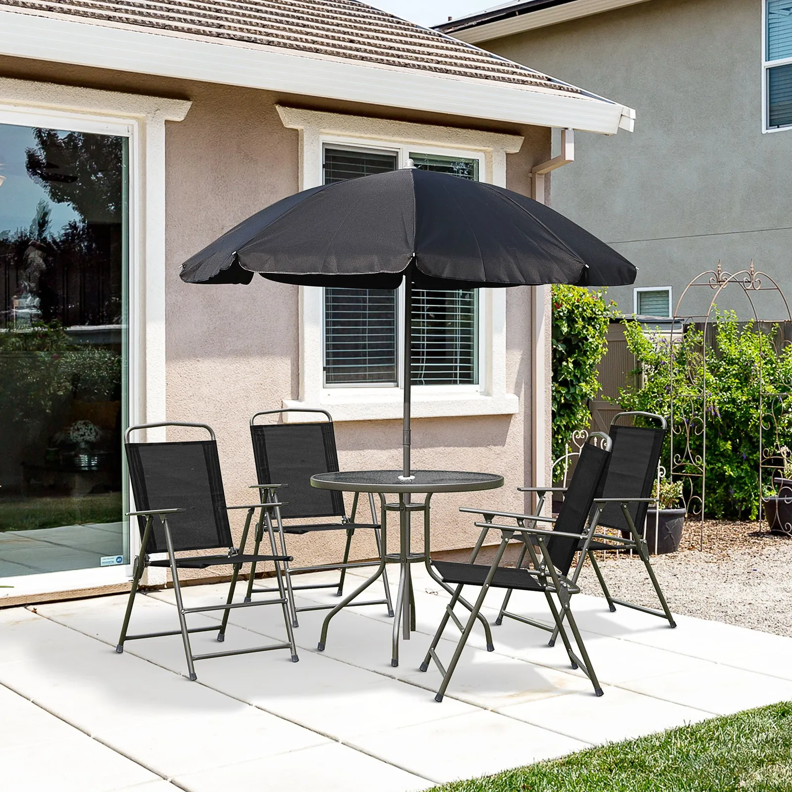 OUTSUNNY 6 Piece Patio Dining Set with Garden Umbrella 4 Folding Chairs in Black 1