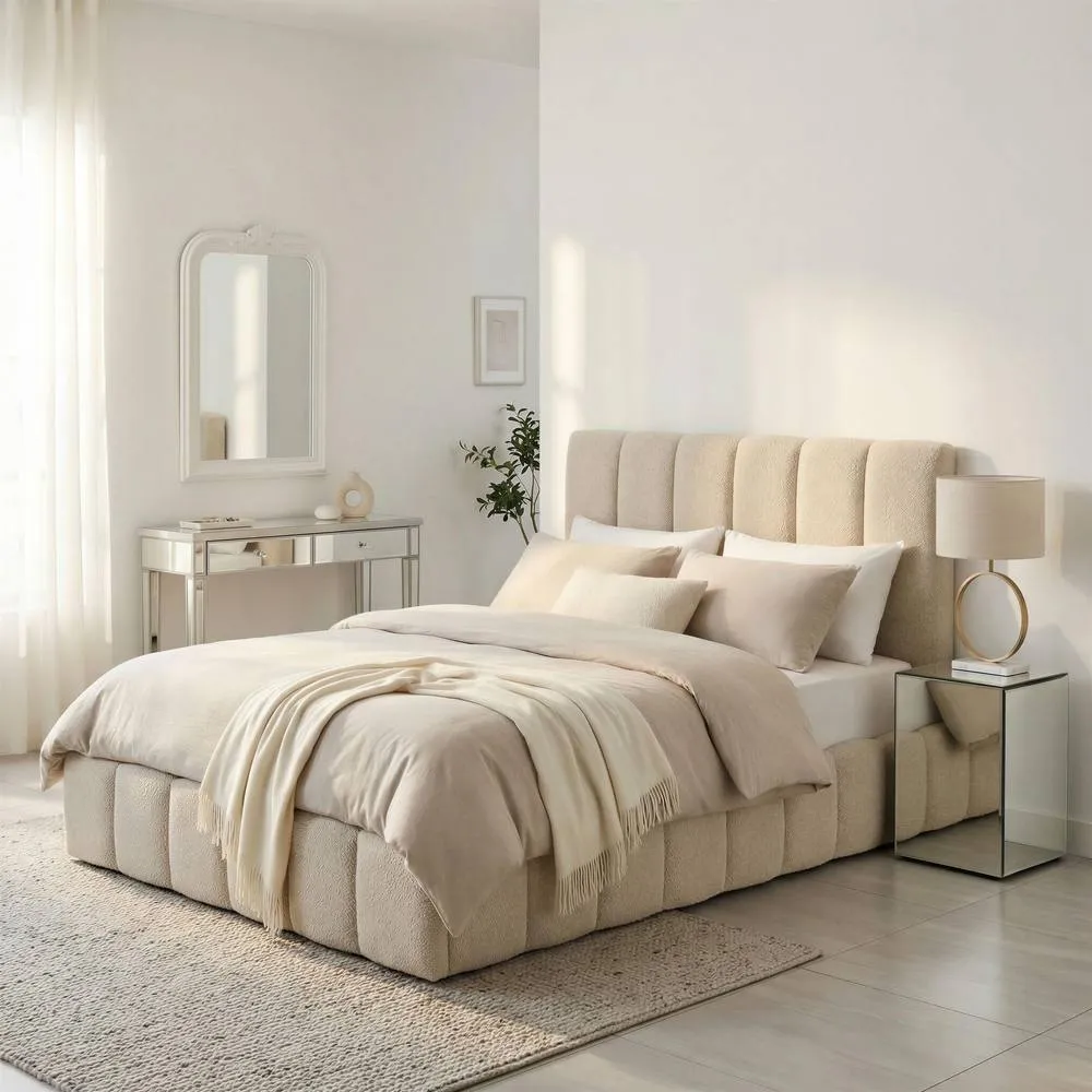 FurnitureboxUK Trifle Beige Boucle Fabric Ottoman Double Bed Frame