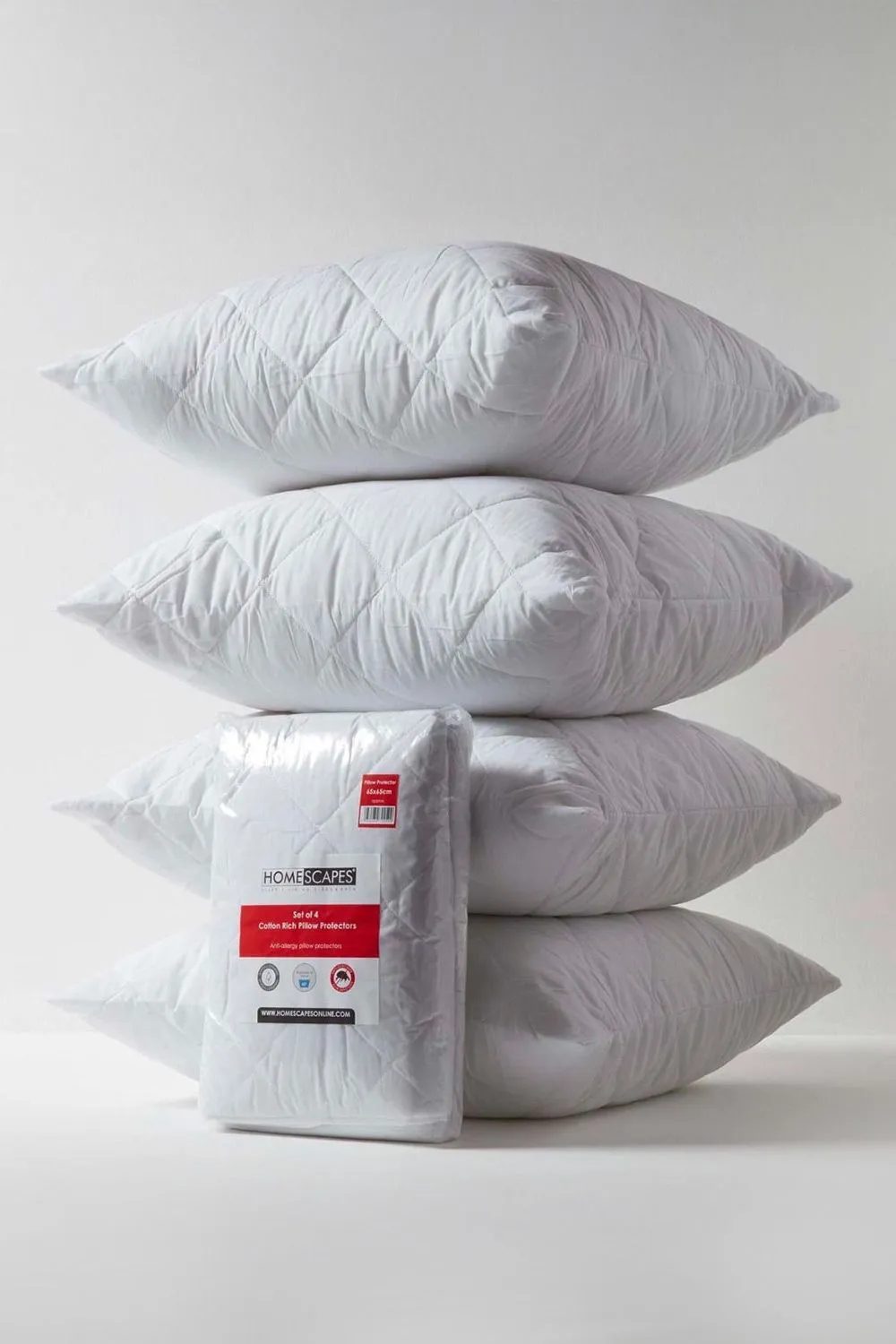 Homescapes Cotton Rich Quilted Pillow Protectors 65 x 65 cm, Pack of 4 in White