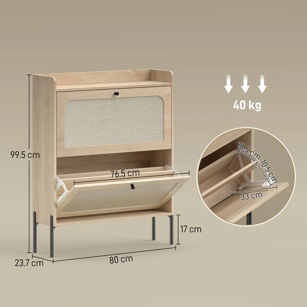 HOMCOM Boho Narrow Shoe Cabinet, Shoe Rack with 2 Flip Drawers in Light Brown 3