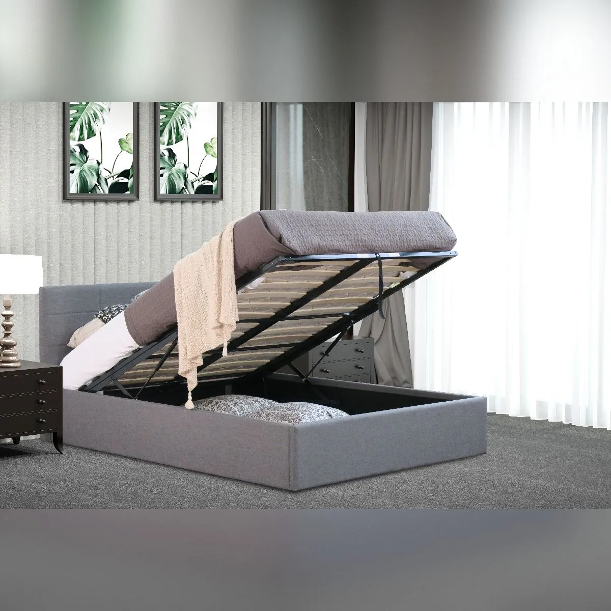 Comfy Living Ltd Linen Fabric Gas Lift Ottoman Bed in Grey 1