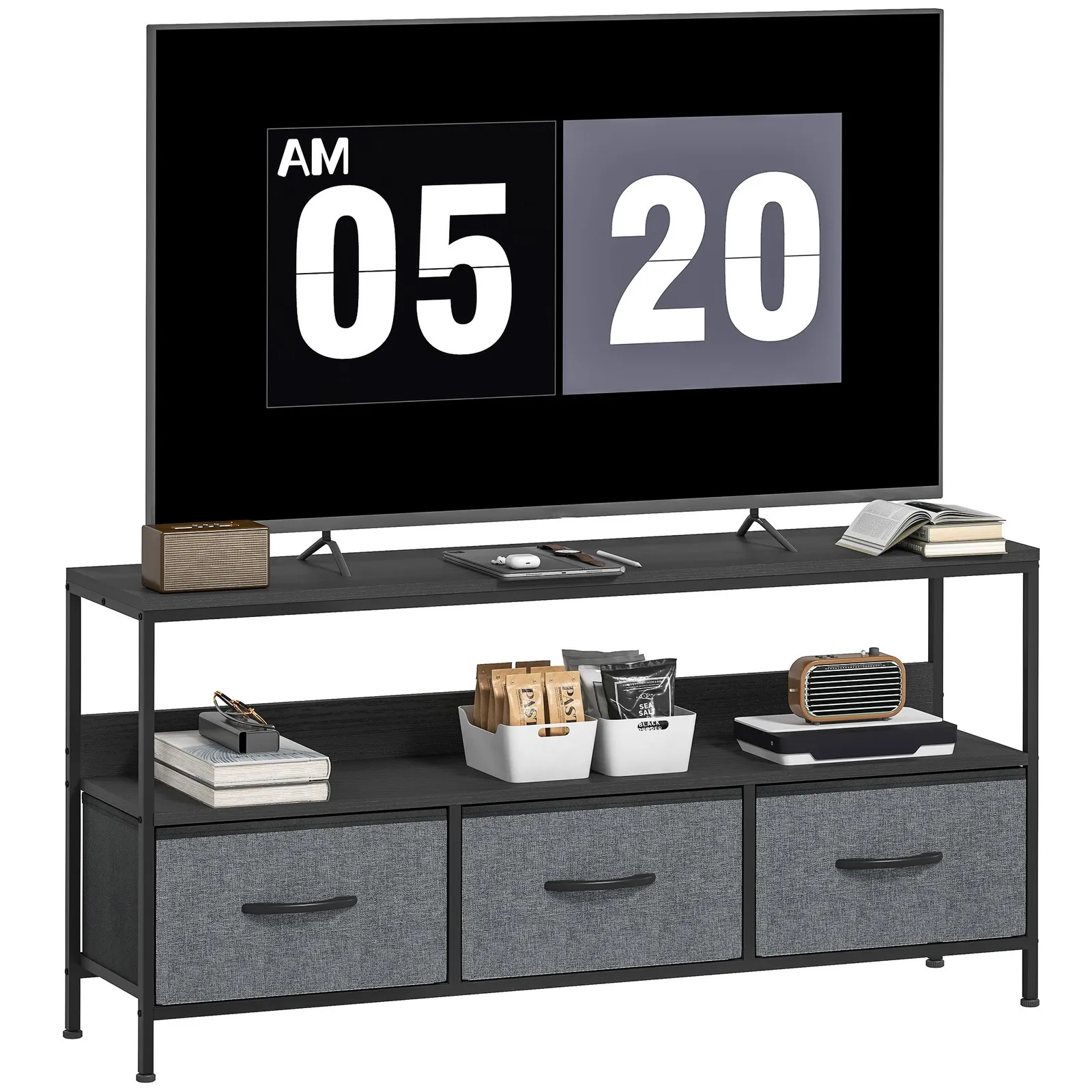 HOMCOM TV Cabinet, TV Console Unit with 3 Foldable Linen Drawers Black 2