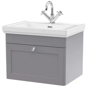 Classique Satin Grey Wall Hung 1-Drawer Vanity & Basin 1 Tap Hole - 496 x 630mm
