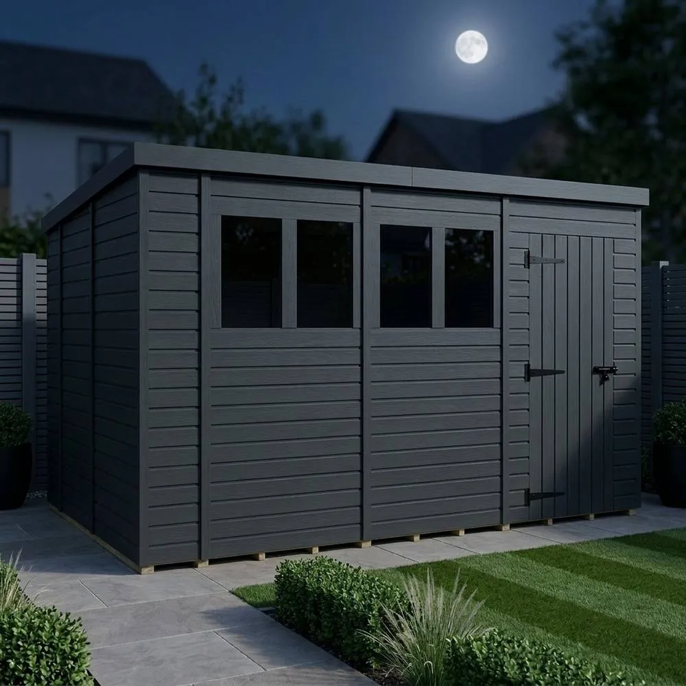 Buttercup Farm 14ft x 10ft Composite Pent Garden Shed Single Door With Windows in Grey 3