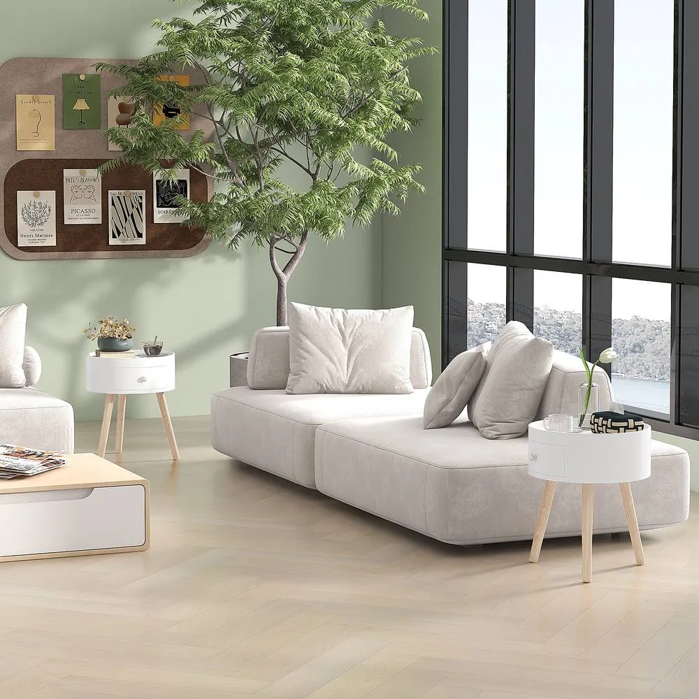 HOMCOM Coffee Table with Drawer & Wood Legs for Bedroom, Set of 2, White