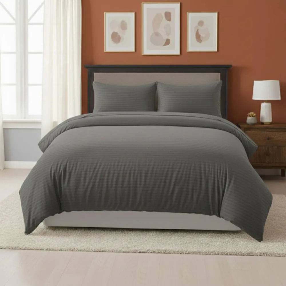 Snug City Embossed Stripe Duvet Cover Soft Microfibre Bedding with Pillowcases in Grey