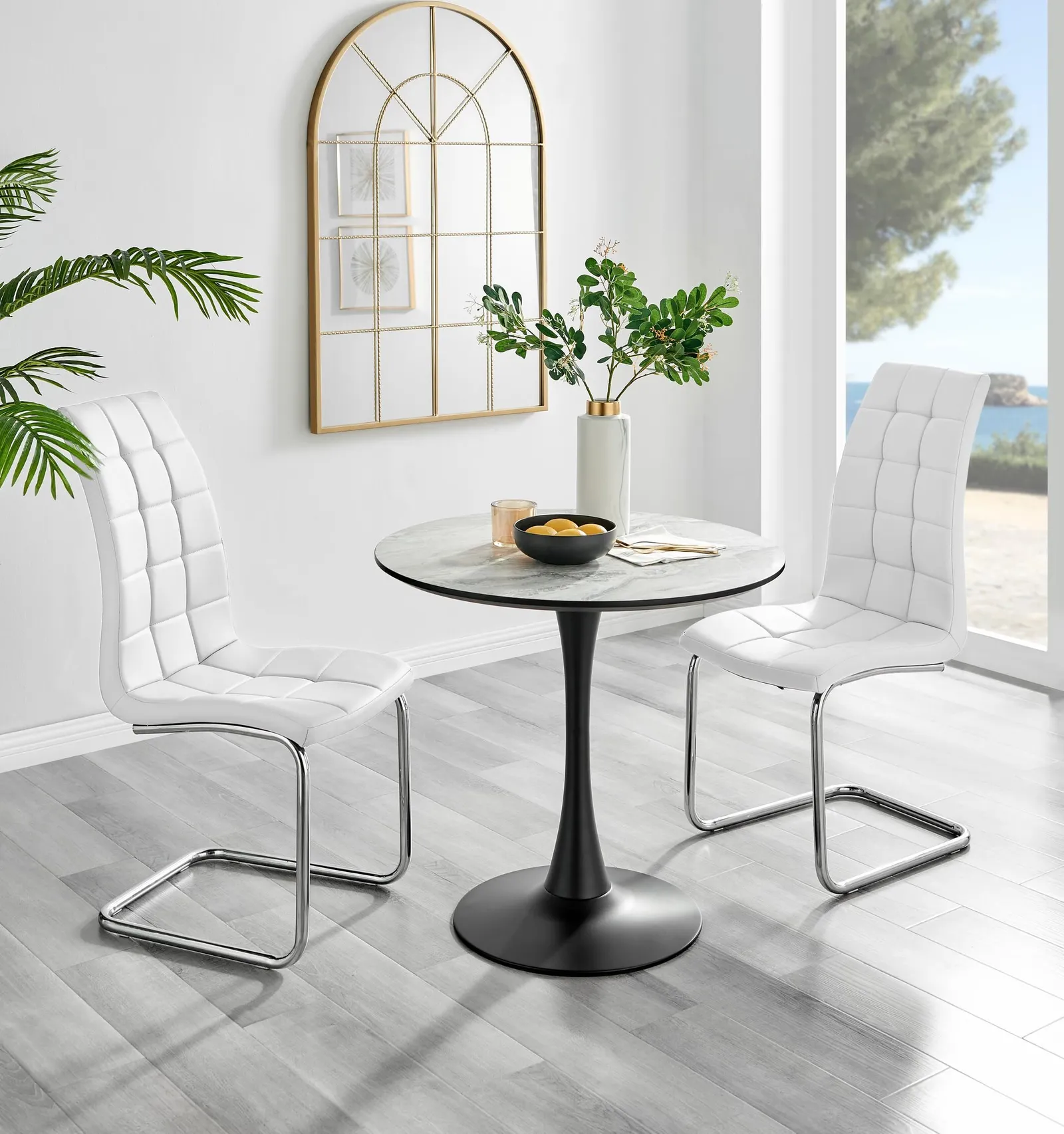 FurnitureboxUK Elina White Marble Effect Scratch Resistant Dining Table & 2 Murano Faux Leather Chairs