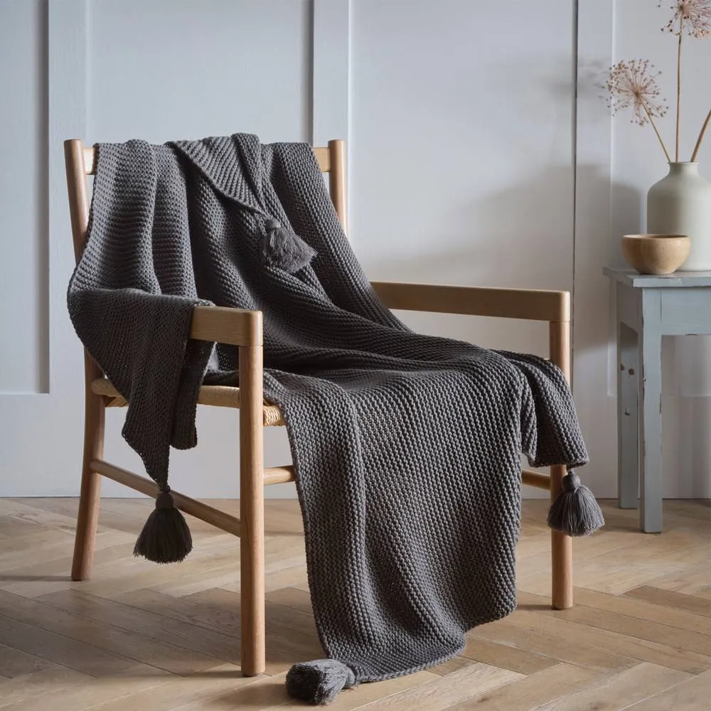 Portfolio Home Copenhagen Knitted Tassels Throwover Bed Throw Blanket 127 x 152cm in Grey
