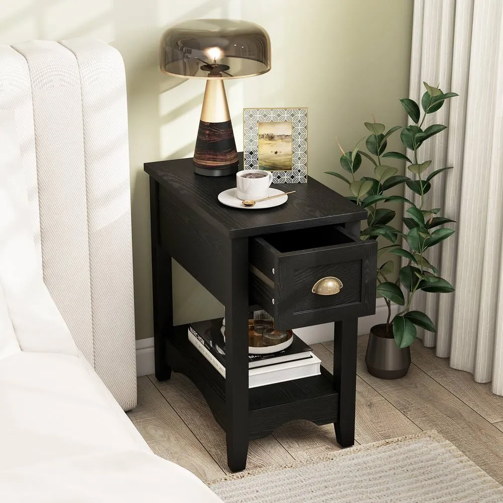 Costway Side End Table Retro Side Table Rectangular Nightstand-Black in Black 3
