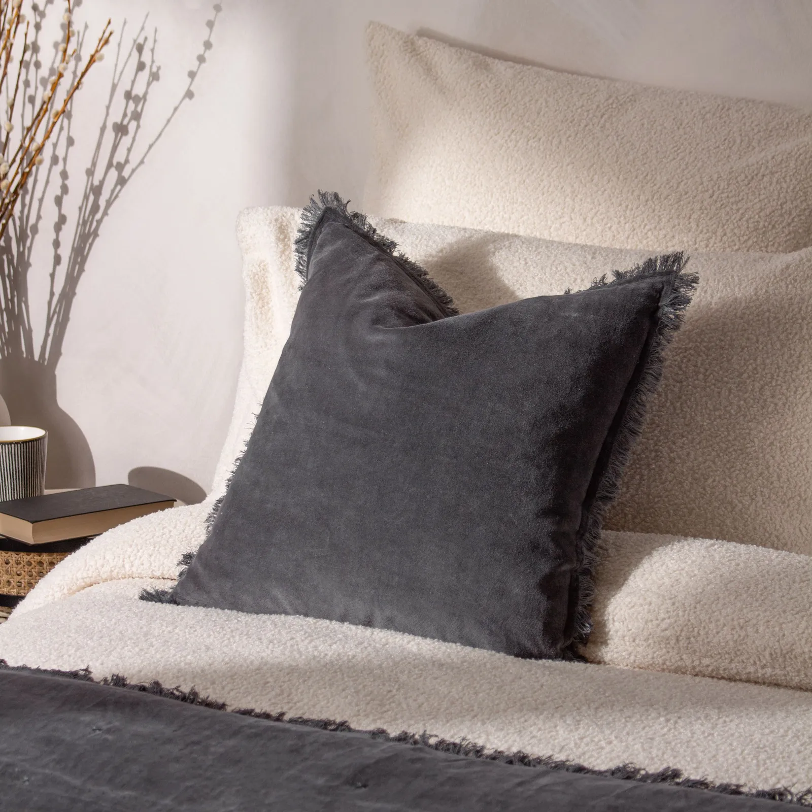 Yard Jaye 100% Cotton Velvet Fringed Cushion in Dark Blue