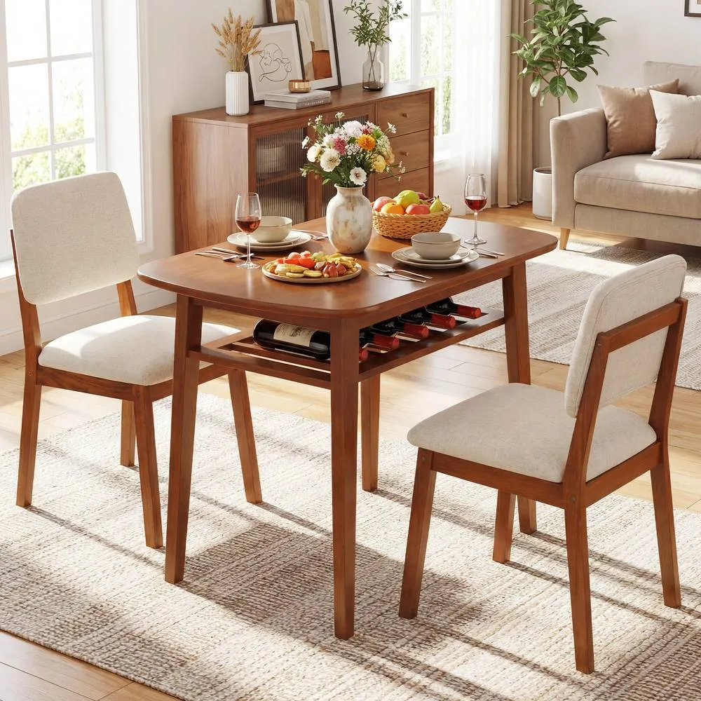 Costway 3-Piece Dining Table Set Solid Wood Kitchen Table with Storage Rack in Brown 3