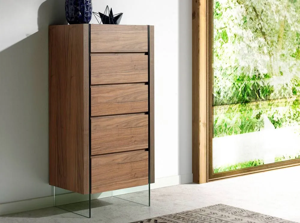 Angel Cerda Walnut Veneer Chiffonier with Tempered Glass Legs, 5 in Brown 3