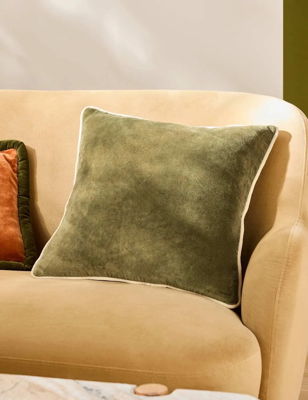 MADE Bailey Brushed Cotton Velvet Piped Cushion Green Mix