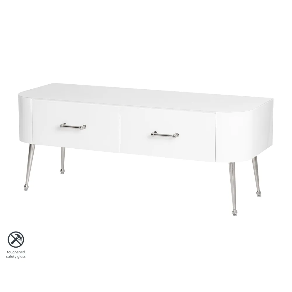 Mason White Glass TV Media Unit – Shiny Silver Legs