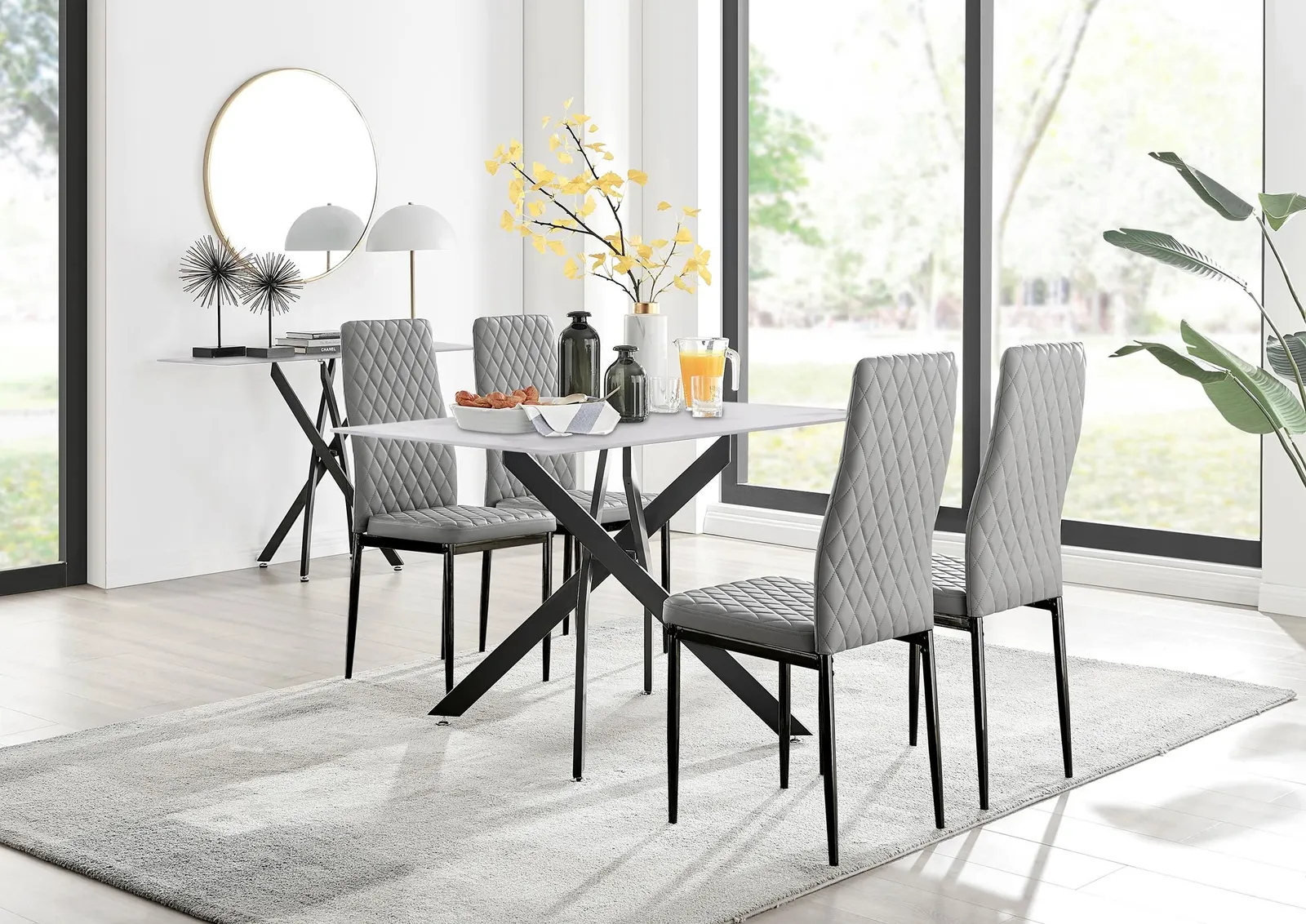 FurnitureboxUK Leonardo White Glass Marble Effect Black Leg Table & 4 Milan Black Leg Chairs in Grey 1