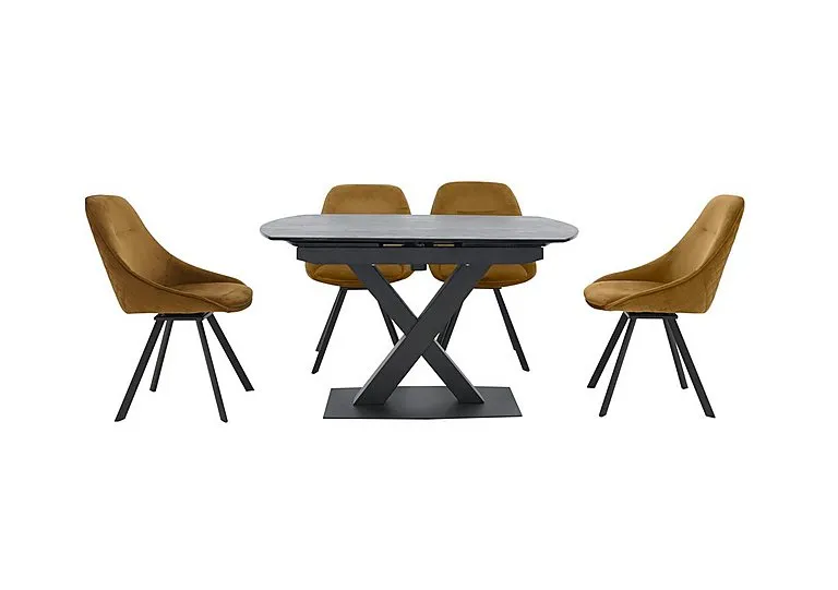 Arctic Extending Dining Table with Graphite Top and 4 Swivel Chairs - Mustard Velvet