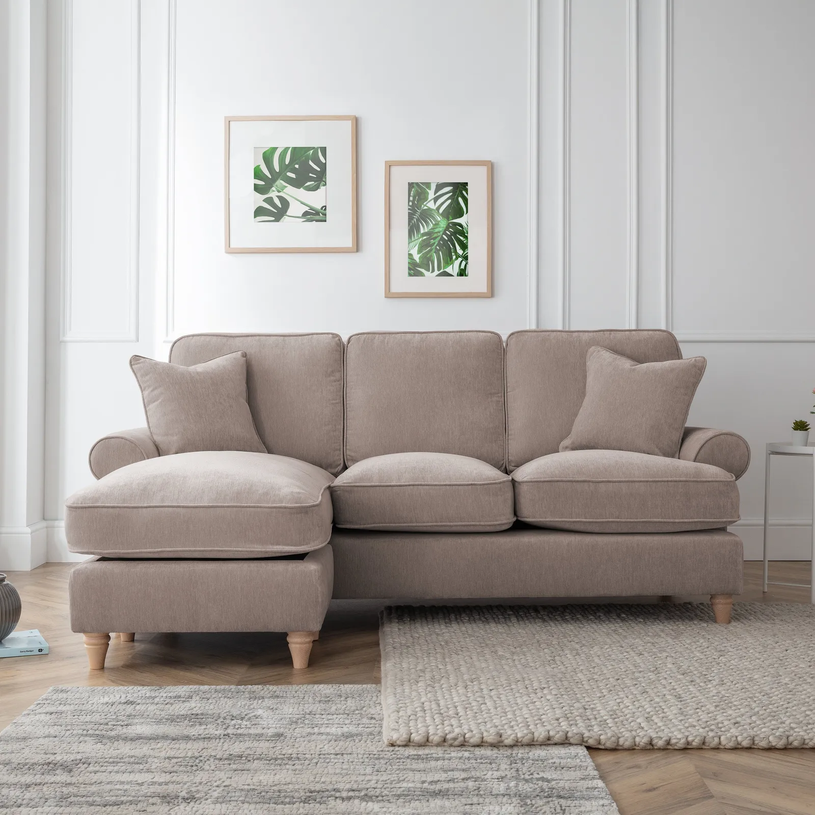 The Great Sofa Company Ezra Left Hand Velvet Chaise Sofa - Scroll Arm in Taupe 1