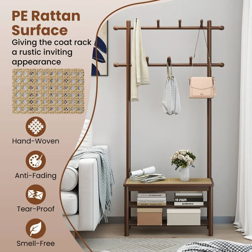 Costway Bamboo Coat Rack PE Rattan Hall Tree with Bench & Shoe Storage-Brown in Brown 2