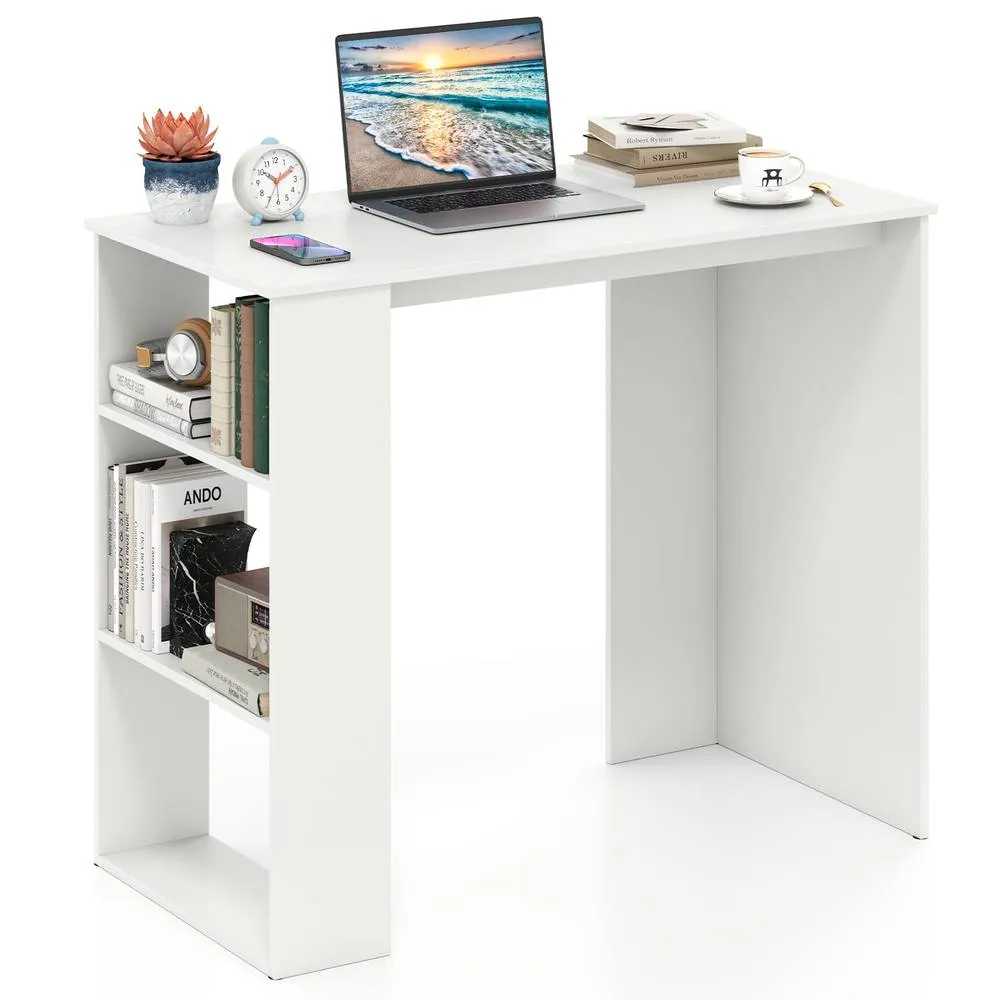 Costway Computer Desk 90cm Study Desk Wooden Writing Desk w/ Bookshelf in White