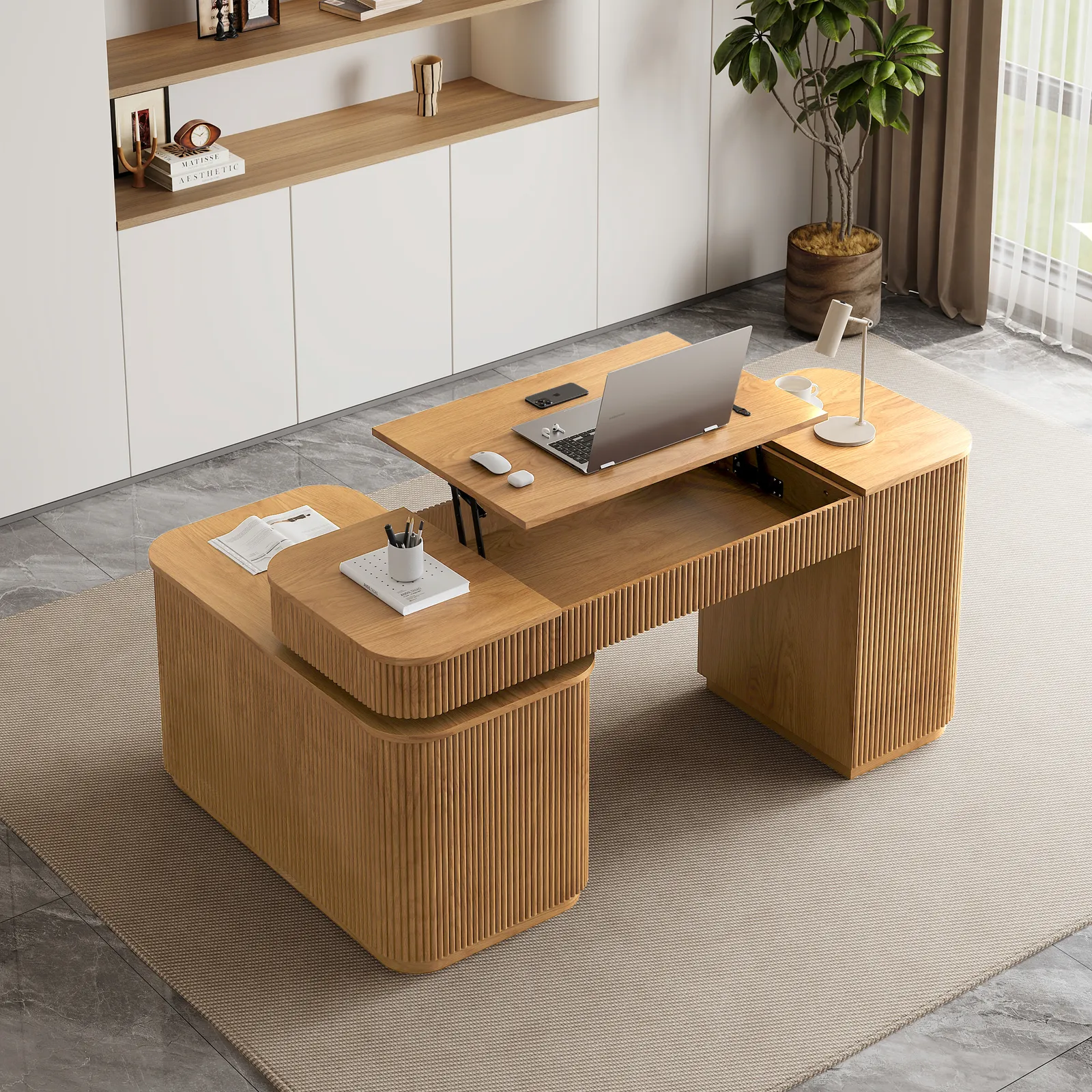 Modern 65" L-Shape Natural Executive Desk with Right-Side Cabinet