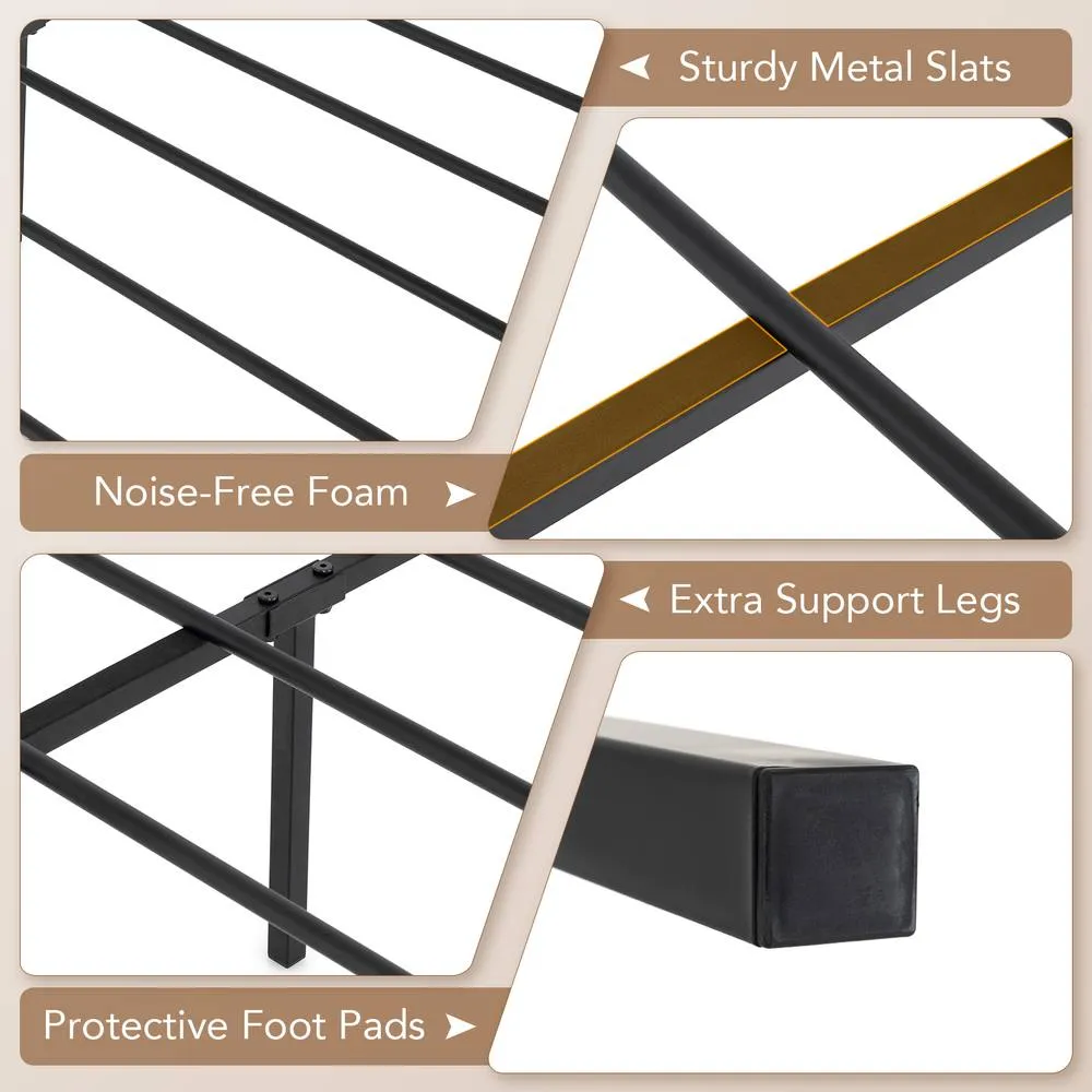 Costway Double Size Canopy Bed Frame 200x140cm Metal Platform Bed w/ Headboard in Black 5