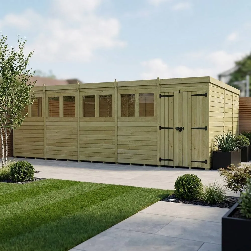 Buttercup Farm 20ft x 9ft Pent Garden Shed Double Door With Windows - Timber in Brown 2