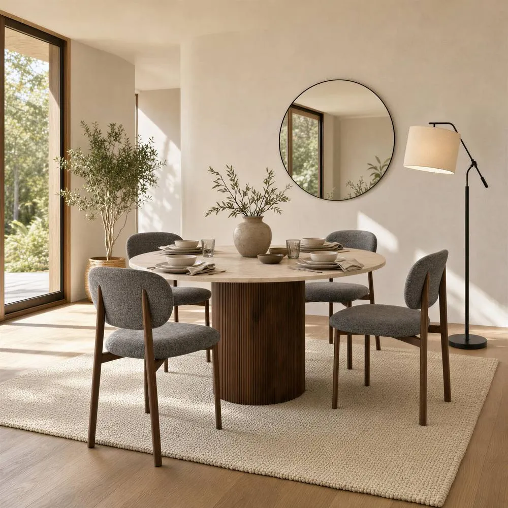 FurnitureboxUK Penrose Round Cream Marble Effect Dining Table 4 Mirelle Chairs in Dark Grey 1