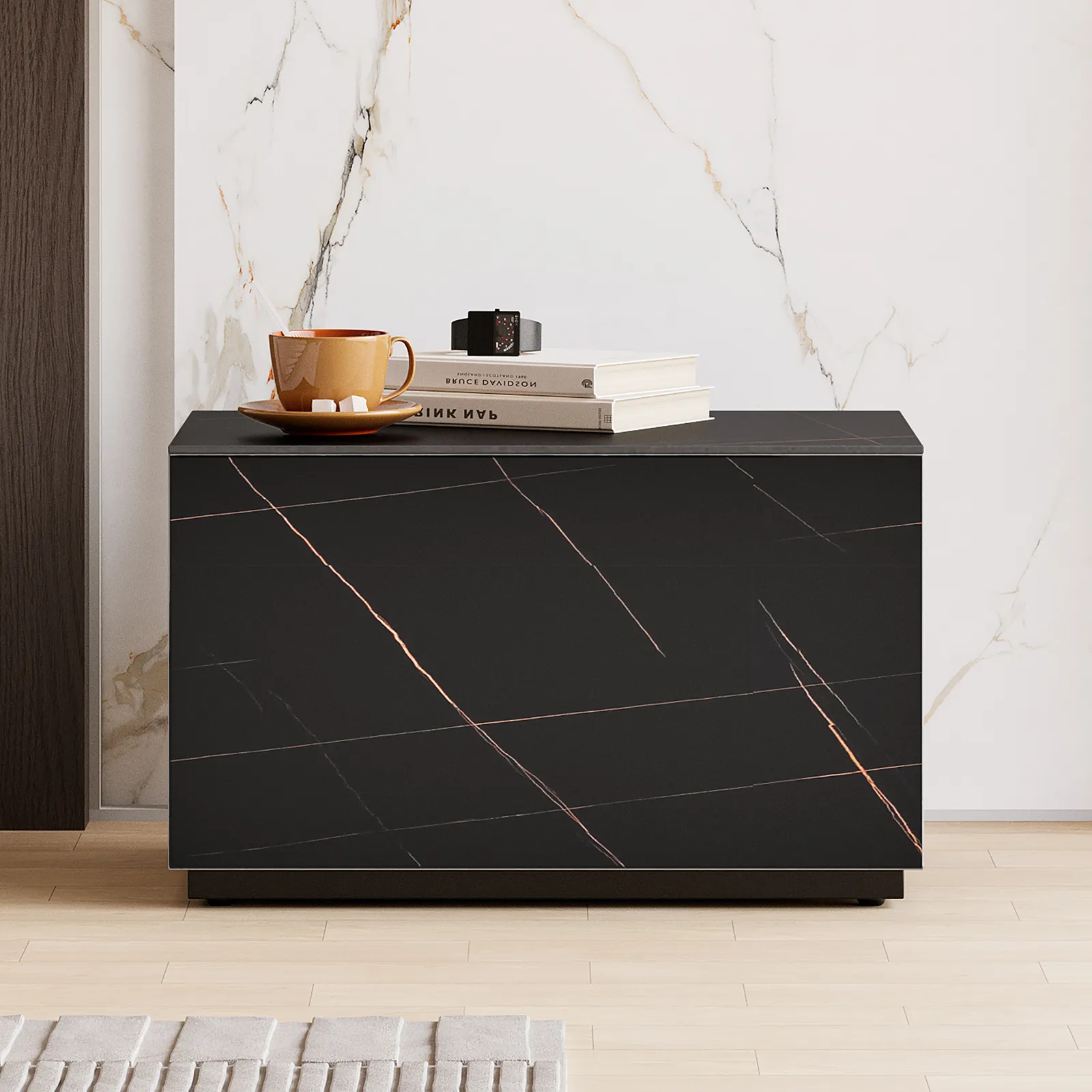 Modern 600mmW Faux Travertine Nightstand 1 Drawer Bedside Table Set of 2