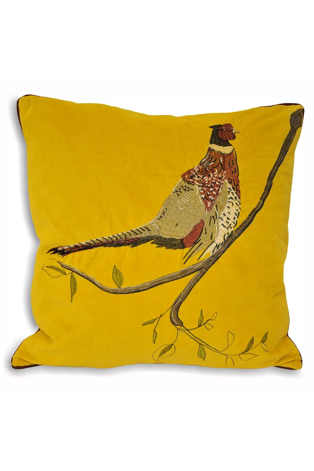 Paoletti Hunter Embroidered Pheasant Velvet Cushion in Mustard