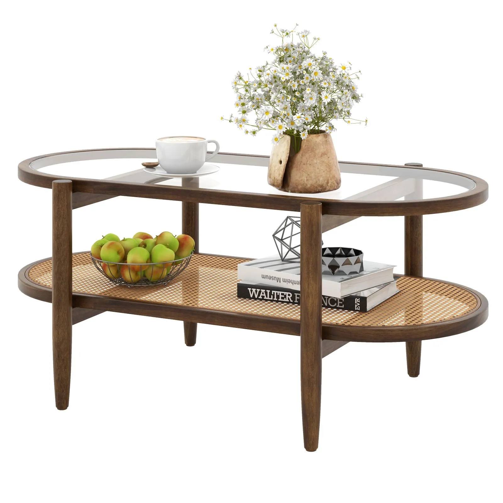 Costway 2-Tier Coffee Table Rattan Center Cocktail Tea Table Tempered Glass Tabletop in Brown