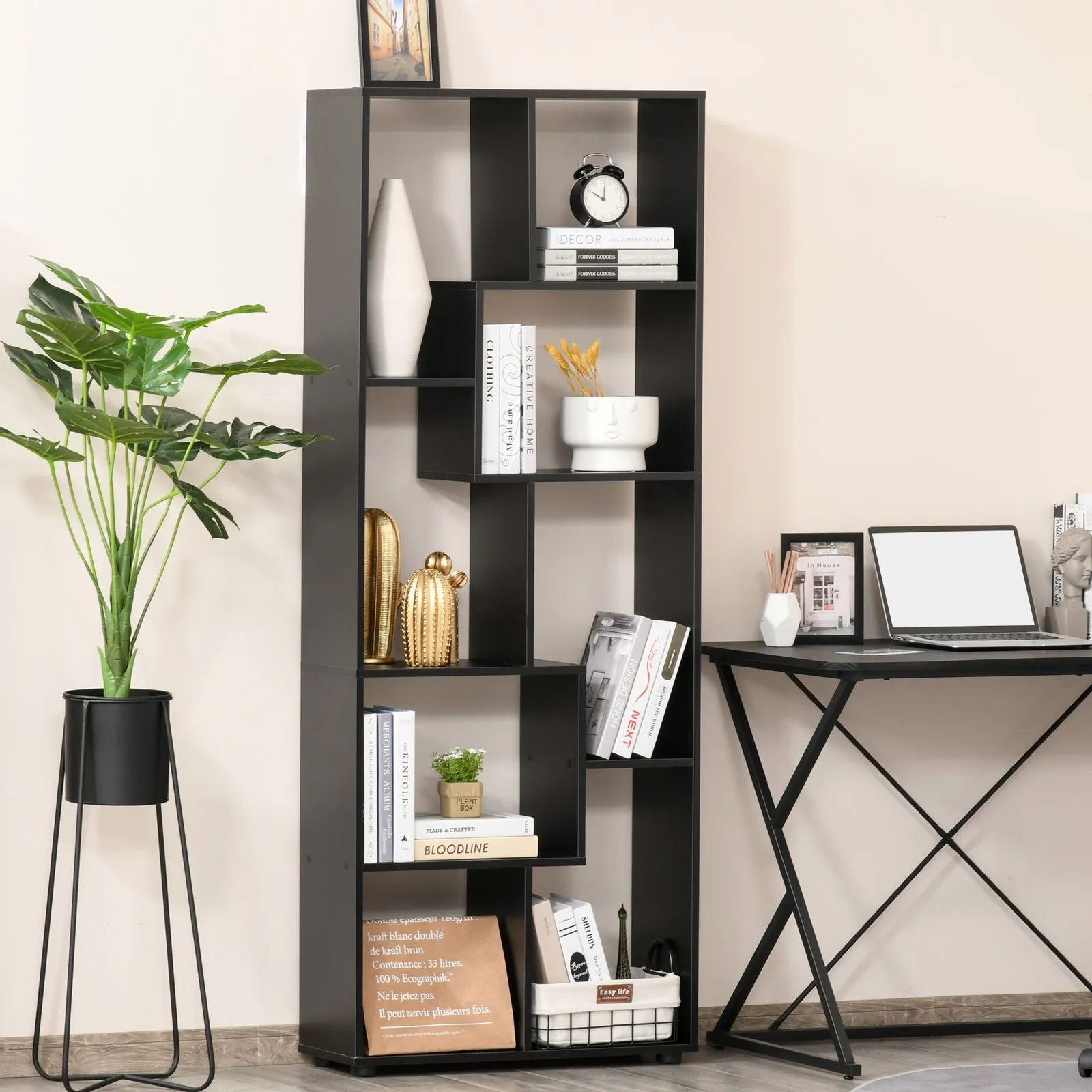 HOMCOM 7-Tier Bookshelf w/ Melamine Surface Foot Pads Anti-Tipping for Home in Black