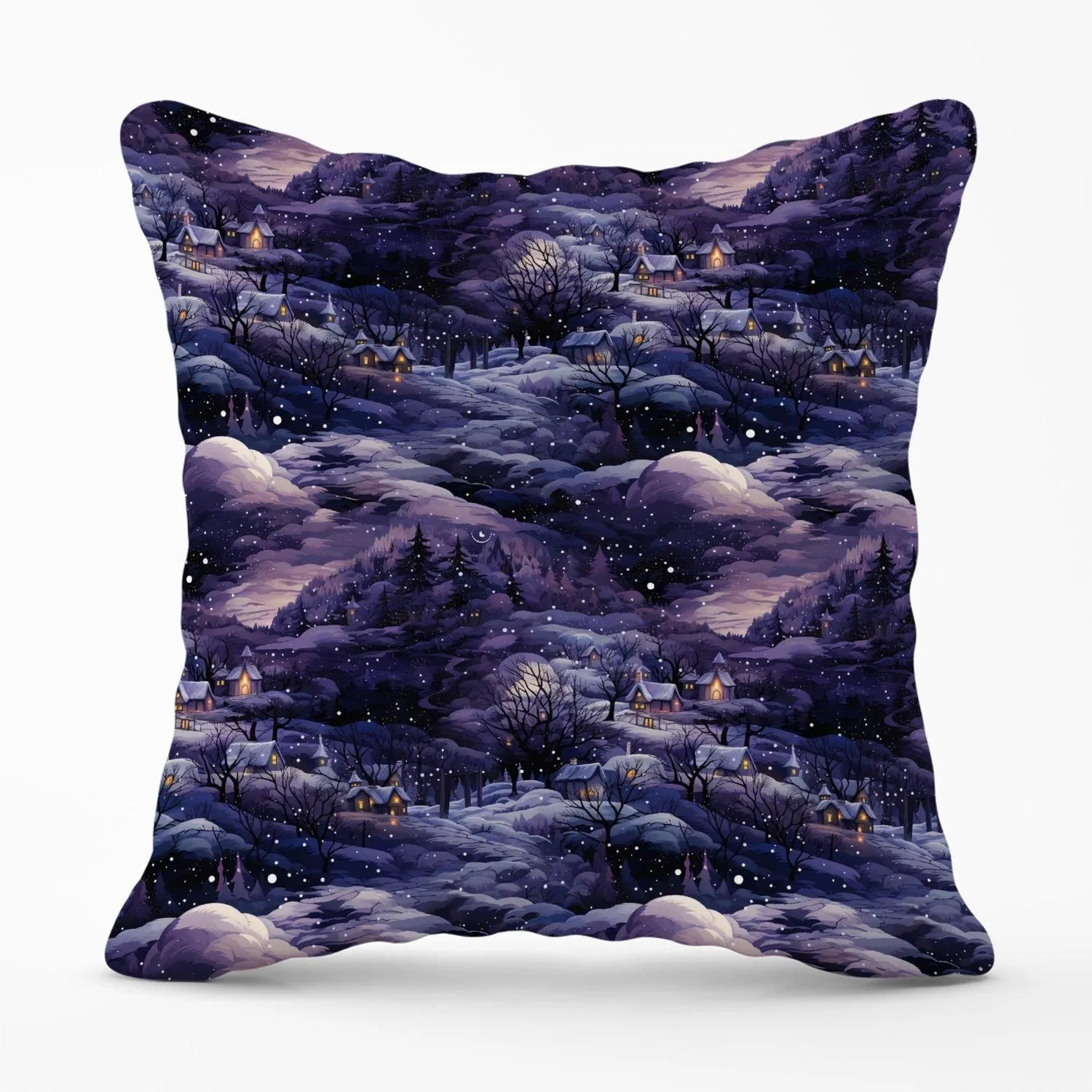 Warren Reed - Designer Snowy Christmas Village On A Starry Night Outdoor Cushion in Blue