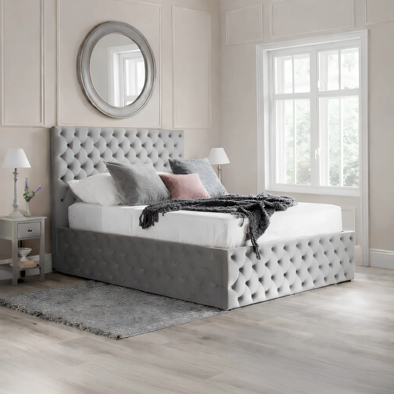 Kingston – Double – Quilted Ottoman Storage Bed – Grey – Velvet – 4ft6 - Happy Beds